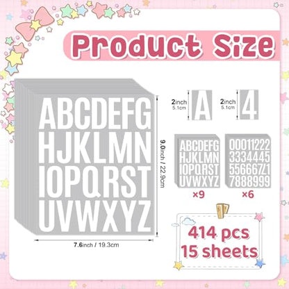 414Pcs Letter Stickers Alphabet Stickers 15 Sheets 2 Inch Vinyl Letter Sticker Self Adhesive Alphabet Number Stick on Sticker for Scrapbook Classroom Craft Window Bulletin Board Sign Mailbox Numbers - color: White