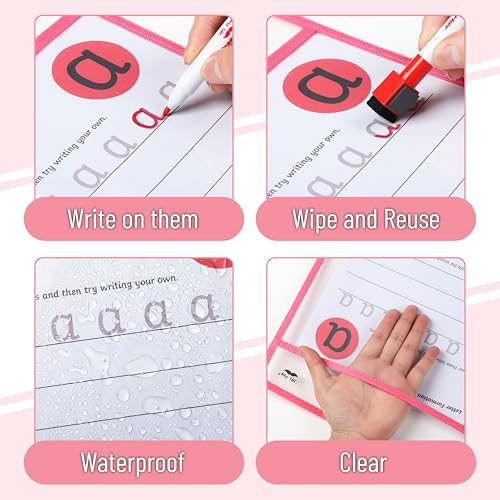 Mr. Pen- Reusable Dry Erase Pocket Sleeves, 10" x 14", 6 Pack, Pink Shades | Clear Plastic Paper Sleeves, Ticket Holders, Clear Plastic Sheet Protectors, Teacher, School, Classroom Supplies - color: Pink Shades, size: 6 Pack