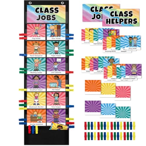 Jobs Pocket Chart with 47 Cards for Classroom, Class Management Helpers Black Chart for Preschool Elementary Homeschool, Teachers Must Haves Educational Supplies for Students - color: Black