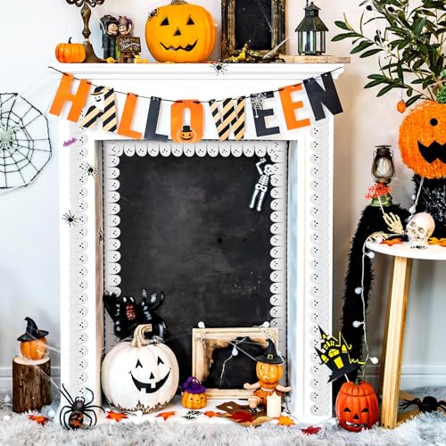 Whaline 65.6Ft Halloween Bulletin Board Border Glitter White Ghost Die Cut Trim Border Roll for Spooky Chalkboard Wall Decor - style: Ghost