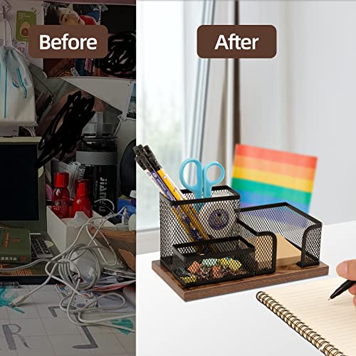 Antique Wood & Mesh Pen Holder Office Supplies Caddy, Storage Baskets for Desktop Accessorieswith Sticky Notes Holder,3 Compartments(2 Pack Black)