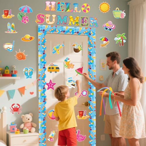 71 Pcs Hello Summer Bulletin Board Set Hawaiian Beach Slippers Sun DIY Borders Bulletin Trim Home School Hawaiian Tropical Party Supplies for Back to School Classroom Chalkboard Wall Door Decor - style: Coastal