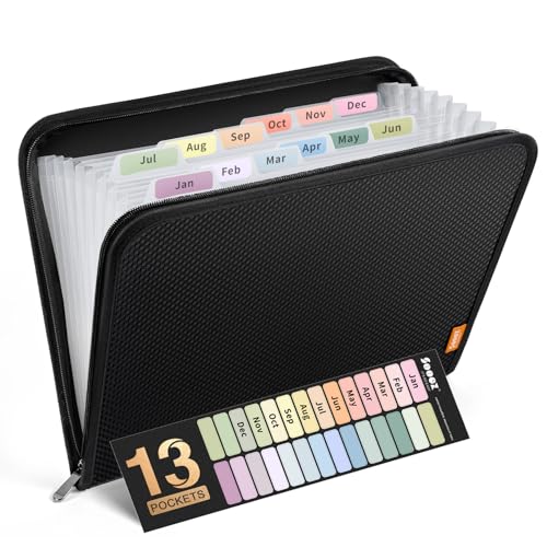 Sooez 13 Pocket Accordion File Organizer, Zipper Expanding File Folder Organizer, Reinforced Plastic Accordion Folder, A4 Letter Size, Portable Folders for Documents, Black - color: Black, style: 13 Pocket