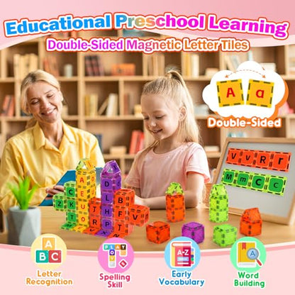 Magnetic Tiles Letters Toys, Alphabet Learning Toys for Toddlers 1-3 2-4 4-8, Classroom Must Have 48PCS Construction Toy, Toddler Games for Preschool Kids Spelling, Learning, Building, Educational Toy