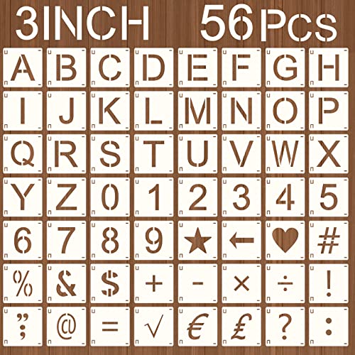 Augshy 3 Inch Letter Stencils Symbol, 56 Pcs Reusable Numbers Craft Stencils Interlocking Templates Kit for Wood Wall, Fabric, Rock Chalkboard, Signage DIY School Art Projects - style: Letter