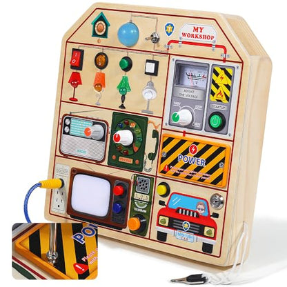 JAUNTY Montessori Wooden Busy Board for Toddlers 3 4 5 Years Old, Wooden Sensory Toddler Toys with LED Light Switches, TV Radio Telegram and Car Driving, Travel Toys Birthday for Boys Girls - size: Special Agent
