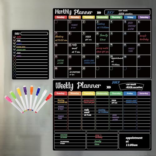 Hivillexun Magnetic Black Dry Erase Calendar White Board Set (3-Pack) - Monthly, Weekly Planners & Daily Notepad for Fridge, Home & Office, Includes 8 Markers - color: Black Monthly/Weekly/Daily Planners + 8 Markers & Eraser