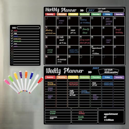 Hivillexun Magnetic Black Dry Erase Calendar White Board Set (3-Pack) - Monthly, Weekly Planners & Daily Notepad for Fridge, Home & Office, Includes 8 Markers - color: Black Monthly/Weekly/Daily Planners + 8 Markers & Eraser