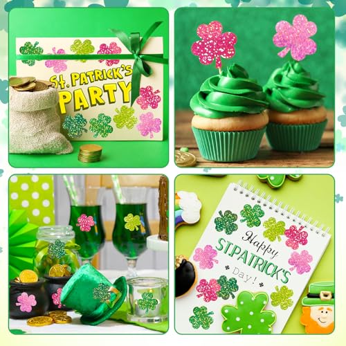 Whaline St. Patrick's Day Stickers Roll Holographic Pink Green Shamrock Seal Stickers Clover Waterproof Self-Adhesive Decals for Envelope Journal Decor Irish Party Supplies, 500Pcs - style: Pink Green Shamrock