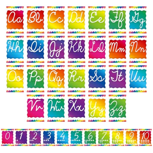 Gilprop Rainbow Wave Bulletin Board Alphabet Letters, 37 Pcs Cursive Abc Alphabet Poster Classroom Decor Set Preschool Kindergarten Primary School Classroom Wall Decor Daycare Homeschool Supplies - style: Rainbow Wave