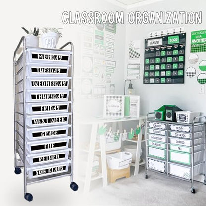 12 Pieces Rolling Storage Cart Labels 10 Drawer Rolling Storage Cart Label Blackwhite Classroom Decor for Teacher Office School Classroom Organization - style: Blackwhite