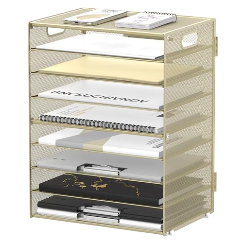 DALTACK 9-Tier Paper Organizer for Desk, Mesh Letter Tray Desk Organizer with Handles, Space-Saving File Organizer for Office Home School, Golden Yellow - color: Desk Organizer Golden Yellow