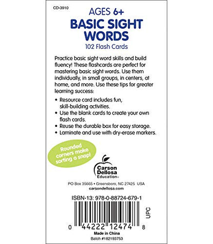 Carson Dellosa 102 Basic Sight Words Flash Cards Kindergarten, Flashcards for Kids Ages 6 and Up, Phonics and Vocabulary Kindergarten Learning Activities
