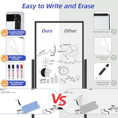 VOWNER Magnetic Mobile Whiteboard, 40" x 24" Double-Sided Dry Erase Board with Stand, Includes a Pen, Eraser, and Magnetic Buttons, Aluminum Frame Rolling Whiteboard for Home, Office, or Classroom