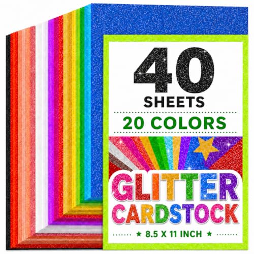 XXINMOH 40 Sheets Glitter Cardstock 8.5x11 Inch, 20 Colors Premium Cardstock for Cricut, Crafts and DIY Projects, Glitter Paper for Card Making (250 GSM)