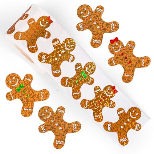 Whaline Christmas Sparkly Stickers Roll Gingerbread Man Holographic Seal Stickers Xmas Cartoon Waterproof Self-Adhesive Decals for Envelope Journal Decor Party Supplies, 500Pcs - style: Gingerbread Man