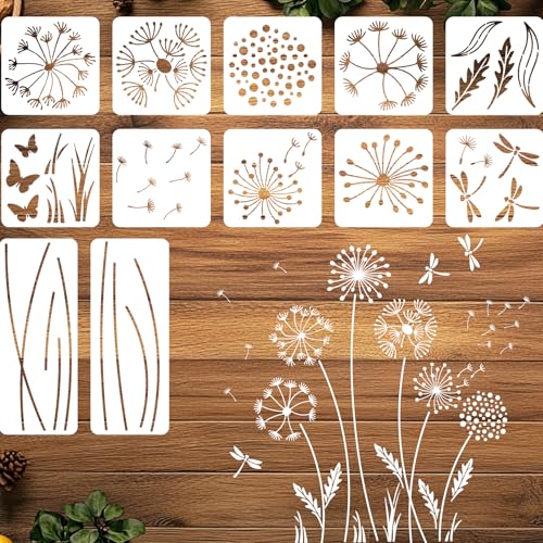 ORIGACH 12 Pcs Dandelion Floral Stencil Reusable Dandelion Stencil DIY Wall Template Crafts for Painting on Walls, Furnitures, Garden Fence - style: Dandelion Floral