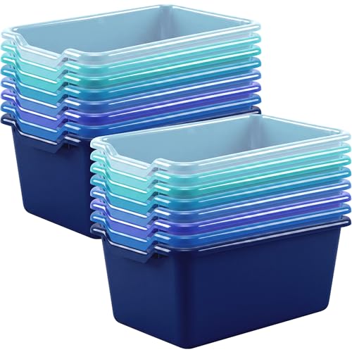 Dandat 16 Pcs Plastic Book Bins for Classroom Library Cubby Bins Scoop Front Stackable Toy Storage Tubs Containers for School Office Home Nursery Playroom Organization (Blue Series) - color: Blue Series
