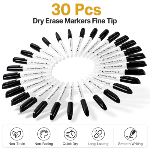 V-Opitos 30 Pack Fine Tip Dry Erase Markers - Bulk Whiteboard Erasable Black Markers, Ideal for School Classroom Office Supplies, Non-Toxic & Easy Clean for White board