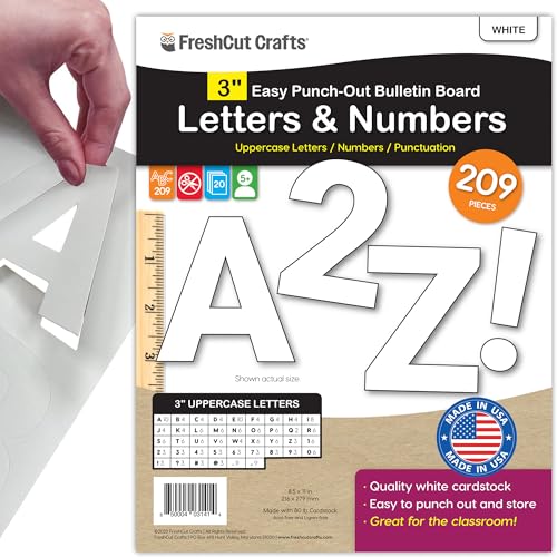 209 Pcs 3 in. White Bulletin Board Letters & Numbers, Capital Letters, Numbers, Punctuation, US Made Card Stock Punch Out Letters for Poster, Bulletin Board, Classroom - color: White