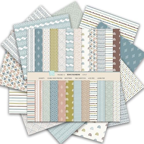24 Sheets Scrapbook Paper - Boho Patterned Cardstock Paper Pads, 12"x12" 160gsm Coloured Double Sided Decorative Craft Papers for Scrapbooking, Card Making, Journaling and DIY Projects (Boho 7) - color: Boho 7