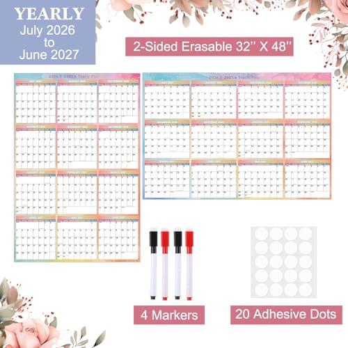 Gueevin 2026-2027 Watercolor Wall Calendar 32" x 48" Dry Erase Erasable Jumbo XL Wet Dry Calendar Large Laminated Planner 12 Month Horizontal Vertical July 2026 to June 2027 for Planning - style: Watercolor