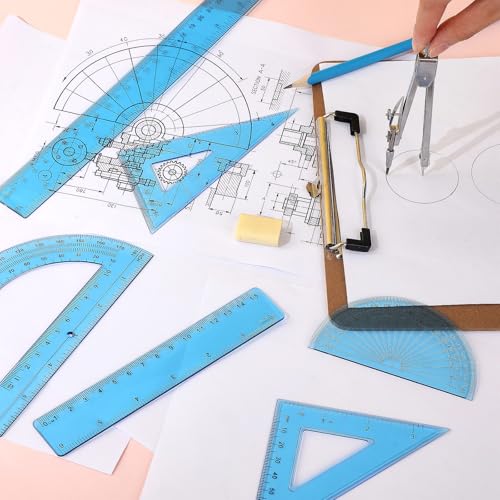 Zonon 7 Pcs Geometry Kit with Drawing Compass, 6 & 4 Inch Protractors, 45/60 Degree Triangle Rulers, 12 & 6 Inch Straight Rulers, Transparent Math Drafting Tools for Student School, Office(Blue) - color: Blue