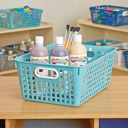 Really Good Stuff 160016WA Multi-Purpose Plastic Storage Baskets for Classroom or Home Use - Stackable Mesh Plastic Baskets with Grip Handles 13" x 10" (Water - Set of 12) - color: Water