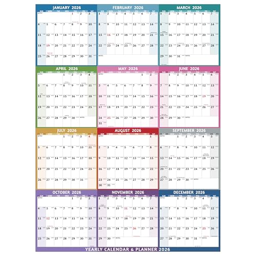 Yearly Wall Calendar 2026 - Large Yearly Calendar 2026 Vetical, Jan 2026 - Dec 2026, 33.7" x 45.1" (Open), 2026 Calendar, Large Wall Calendar 2026, Full Year Paper Calendar with Notes, Thicker Paper, Multi2 - style: 2026 yearly calendar multicolored