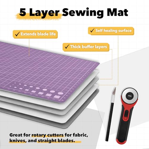 Mandala Crafts Self-Healing Cutting Mat Set – 18" x 24" A2 Purple Pink Double-Sided 5-Ply Mat with Fabric Cutter, Quilt Ruler & Craft Knife for Sewing, Quilting, Leather & Scrapbooking - color: Purple Combo, size: 18 x 24 Inches Mat Combo