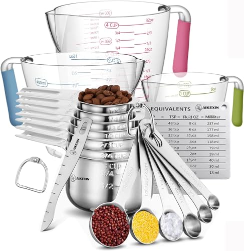 AIKEXIN 20 PCS Measuring Cups & Spoons Set, for Cooking & Baking Gadgets | 18/10 Stainless Steel, Metal Material | Nesting, Stackable Design | Dry & Liquid | Plastic | Leveler, Conversion Chart - style: Round Spoons Set