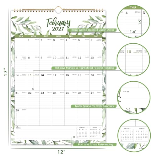 2027 Calendar - 2027 Wall Calendar, 12 Monthly Wall Calendar 2027 from January 2027 - December 2027, 12" x 17", Twin-Wire Binding + Hanging Hook + Ruled Blocks + Thick Paper with Julian Dates - Floral