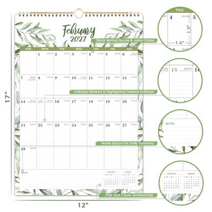 2027 Calendar - 2027 Wall Calendar, 12 Monthly Wall Calendar 2027 from January 2027 - December 2027, 12" x 17", Twin-Wire Binding + Hanging Hook + Ruled Blocks + Thick Paper with Julian Dates - Floral