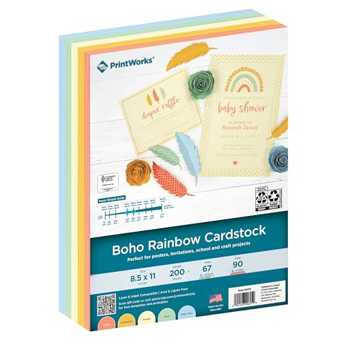 PrintWorks Boho Rainbow Cardstock 8.5" x 11" - 200 Sheets - 5 Assorted Boho Tones - Ideal for School & Craft Projects - 67 lb/147 gsm & 90 lb/165 gsm - Made in the USA - SFI® Certified (00605) - size: 200 Sheets