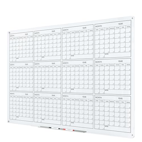 J&J worldwide Magnetic Yealy Calendar Glass Whiteboard 47x35 Inch, Frameless Tempered Glass Dry Erase Board Wall Mounted Includes Markers, Eraser, Magnets, Mounting Kit for Office Home& School - color: Yearly Calendar White, size: 47"W x 35"H
