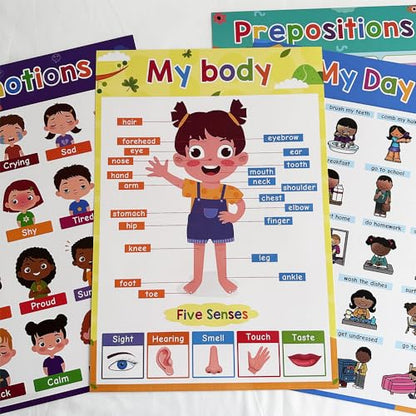Lachilly Emotions, Prepositions, My Body, My Day Educational Posters for Toddlers, Classroom Decorations, Kindergarten Supplies Materials, Teacher Teaching Aids, 4Pcs for Distance Learning, A3 Size - style: Emotions, Prepositions, My Body, My Day