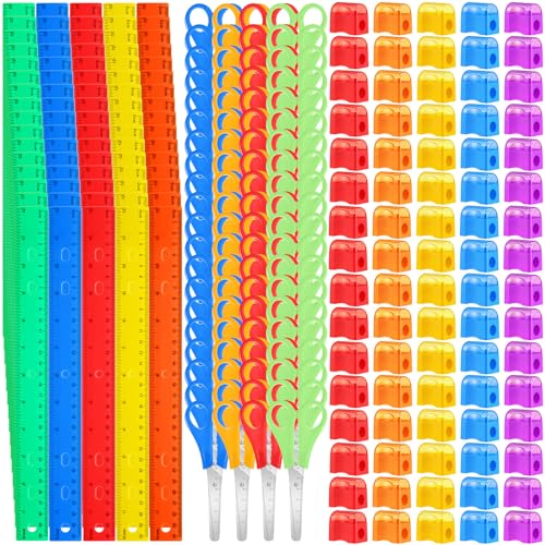 AmazingSpark 240 Pcs Back to School Supplies Kit Include 80 Clear Plastic Ruler 12 Inch 80 Safety Blunt Tip Student Scissors 80 Miniature Pencil Sharpeners with Cover for Classroom School Office