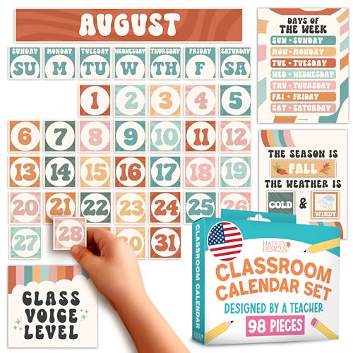Hadley Designs Classroom Calendar Set Bulletin Board Decorations - Colorful School Calendar for Classroom Decor, Kindergarten Preschool Elementary Teacher Must Haves, Homeschool & Daycare Essentials - style: Retro Muted