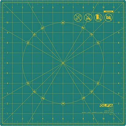 OLFA 12" x 12" Rotating Cutting Mat (RM-12S) - Self Healing 12x12 Inch Square Rotary Mat with Grid for Fabric, Sewing, Quilting, & Crafts, Rotates 360 Degrees, Use with Rotary Cutters (Green) - size: 12"L x 12"W