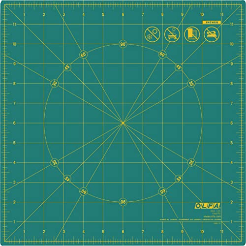 OLFA 12" x 12" Rotating Cutting Mat (RM-12S) - Self Healing 12x12 Inch Square Rotary Mat with Grid for Fabric, Sewing, Quilting, & Crafts, Rotates 360 Degrees, Use with Rotary Cutters (Green) - size: 12"L x 12"W