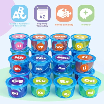 Joyreal Alphabet Learning Toys for Toddlers - 26 Alphabet Soup Sorters with 245 Flash Cards for Early Letter Awareness & Recognition - Fun Education Classroom Supplies Alphabet Sounds Teaching Games