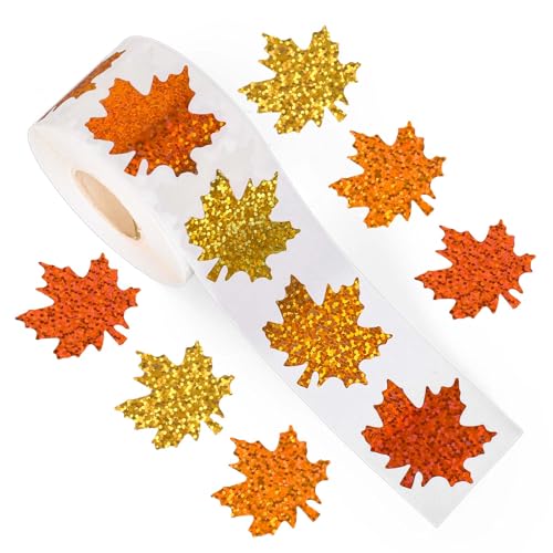 Whaline Fall Maple Leaves Stickers Roll Glitter Maple Leaves Paper Decals 3 Colors Sparkly Autumn Self-Adhesive Decorative Stickers for Thanksgiving Envelope Journal Decor Party Supplies, 500Pcs - style: Maple Leaves