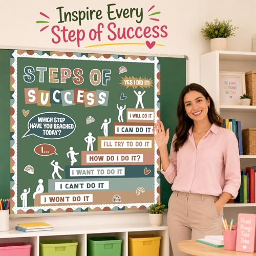 Motivational Bulletin Board Decorations Set Back to School Positive Classroom Decor Steps of Success Paper Cutouts Educational Sayings Accents for School Door Wall Chalkboard Decor Supplies (Boho) - style: Boho