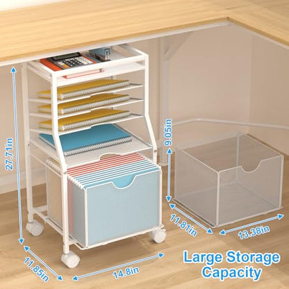 BOHDK Rolling File Cart, 6-Tier Desk File Organizer on Lockable Wheels, White Wood Planks & Mesh Sliding Hanging Folder Drawer, Organization Cart for Office Home School - color: White