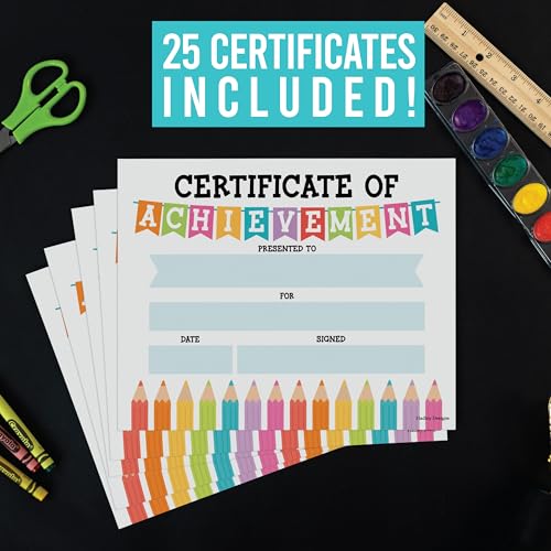 Award Certificates for Students -25 Certificate of Achievement Awards, Gold Star Certificate Paper, Preschool Graduation Certificates for Kids, Kindergarten Diploma, Star Student Honor Roll - style: Colorful Pencil