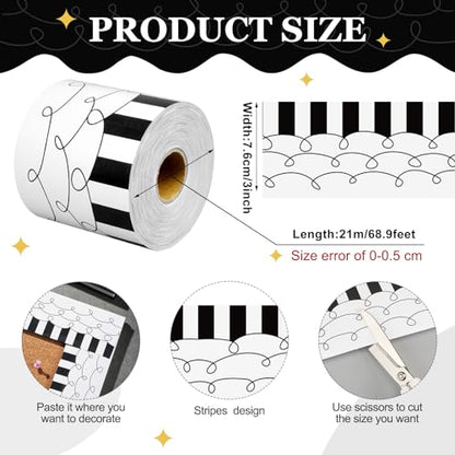 Kolldenn 68.9ft Black and White Bulletin Board Border Black White Squiggles and Stripes Classroom Borders Trim Rolled Die Cut for Bulletin Board Chalkboard School Teachers Wall Decor(Straight) - style: Straight