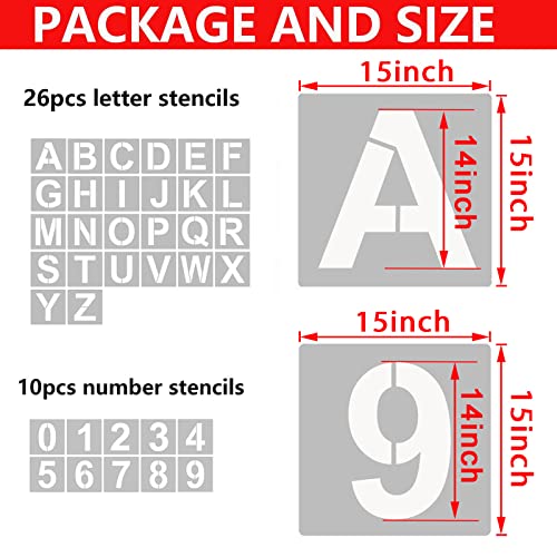 YEAJON 15 Inch Letter Stencils and Numbers, 36 Pcs Alphabet Art Craft Stencils, Reusable Plastic Templates for Wood, Wall, Fabric, Rock, Signage (15 Inch) - size: 15 Inch