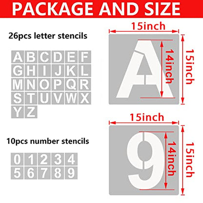 YEAJON 15 Inch Letter Stencils and Numbers, 36 Pcs Alphabet Art Craft Stencils, Reusable Plastic Templates for Wood, Wall, Fabric, Rock, Signage (15 Inch) - size: 15 Inch