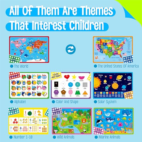 4 Pack Placemats for Kids, Non-Slip Washable Table Mats, Double-Sided Reusable Universe, Alphabet, Numbers, Map of USA & World Educational Placemats for Home, Kindergarten, Classroom, Nursery - style: Basic Cognition-Double-Sided