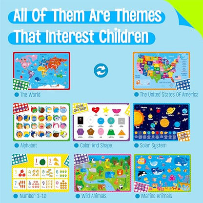4 Pack Placemats for Kids, Non-Slip Washable Table Mats, Double-Sided Reusable Universe, Alphabet, Numbers, Map of USA & World Educational Placemats for Home, Kindergarten, Classroom, Nursery - style: Basic Cognition-Double-Sided